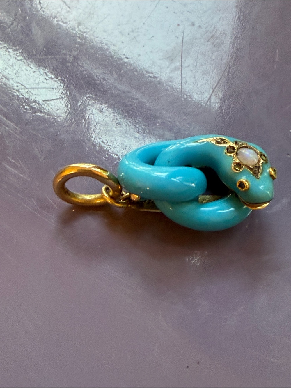 French Antique Blue Enamel Snake Pendant w/Opal + Rubies. 14 K